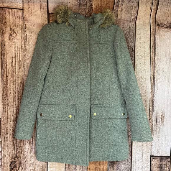J.Crew Factory Vail Parka Wool Blend Coat Faux Fur Hooded Gray Winter Size 0 - Picture 1 of 9